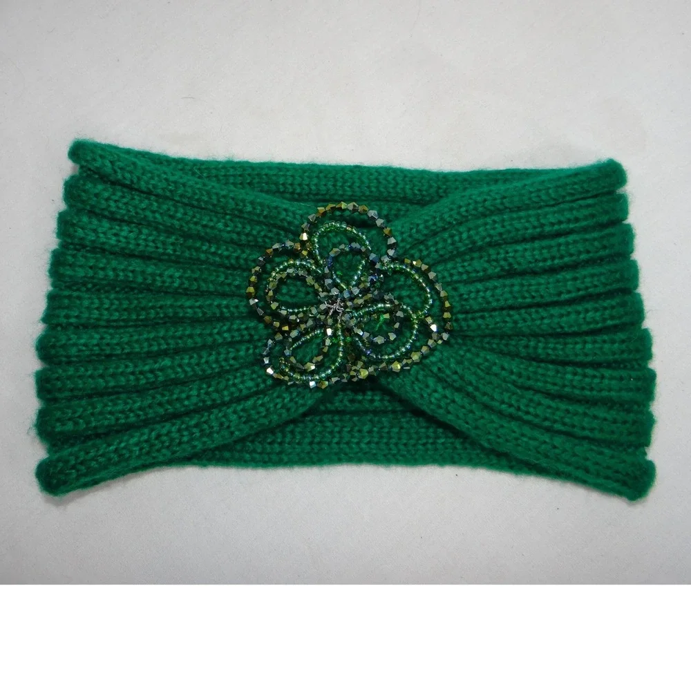 CC Exclusives Green Knitted‎ Turban Headband Beaded Flower Embellishment